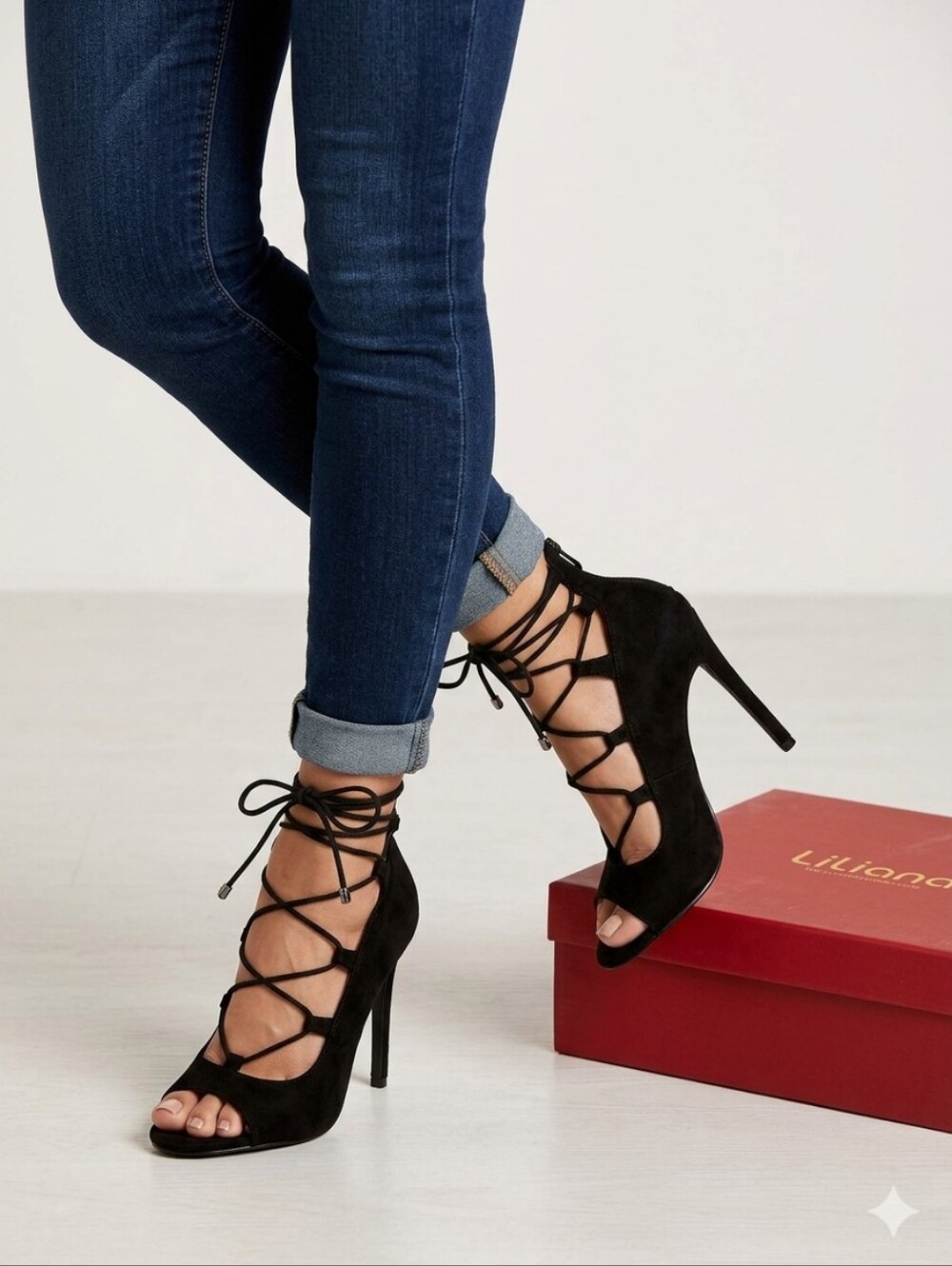 Liliana Black Suede Lace-Up Peep Toe Stiletto Heels